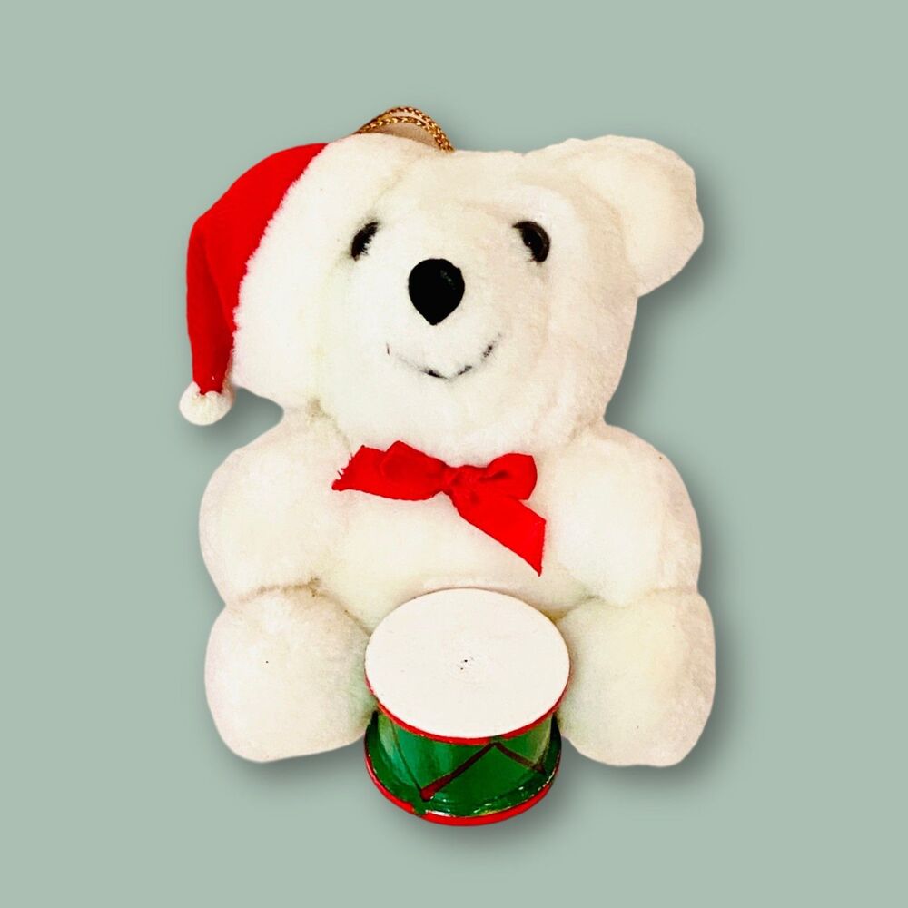 Vintage Applause White Plush Bear Christmas Tree Ornament Drummer Band Holiday